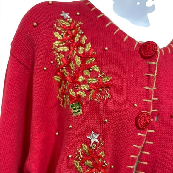 Victoria Harbour Red Christmas Cardigan Sweater Embroidered Trees Beaded Size M - Picture 4 of 6